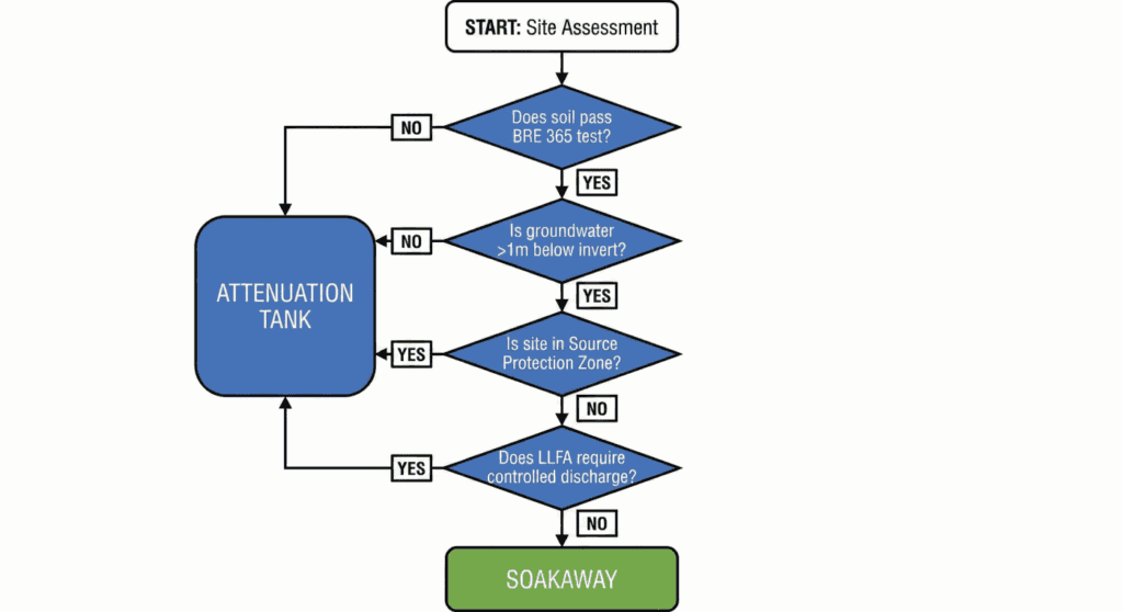 Diagrama de flujo de cinco pasos para decidir entre un pozo de infiltración y un tanque de atenuación.