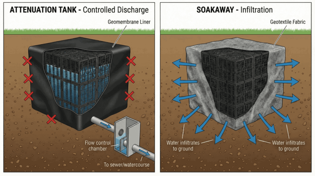Diagrama que muestra el flujo de agua en un pozo de infiltración frente a la descarga controlada de un tanque de atenuación.