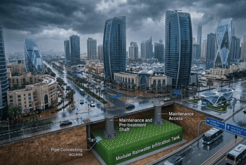 منظر جوي للتطوير العمراني في الإمارات العربية المتحدة مع تراكب تخطيطي لنظام حصاد مياه الأمطار تحت الأرض أثناء العاصفة
