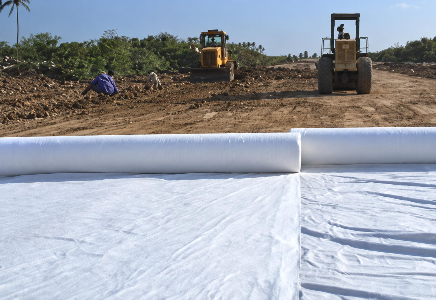 Bande de géotextile posée sur un sol préparé