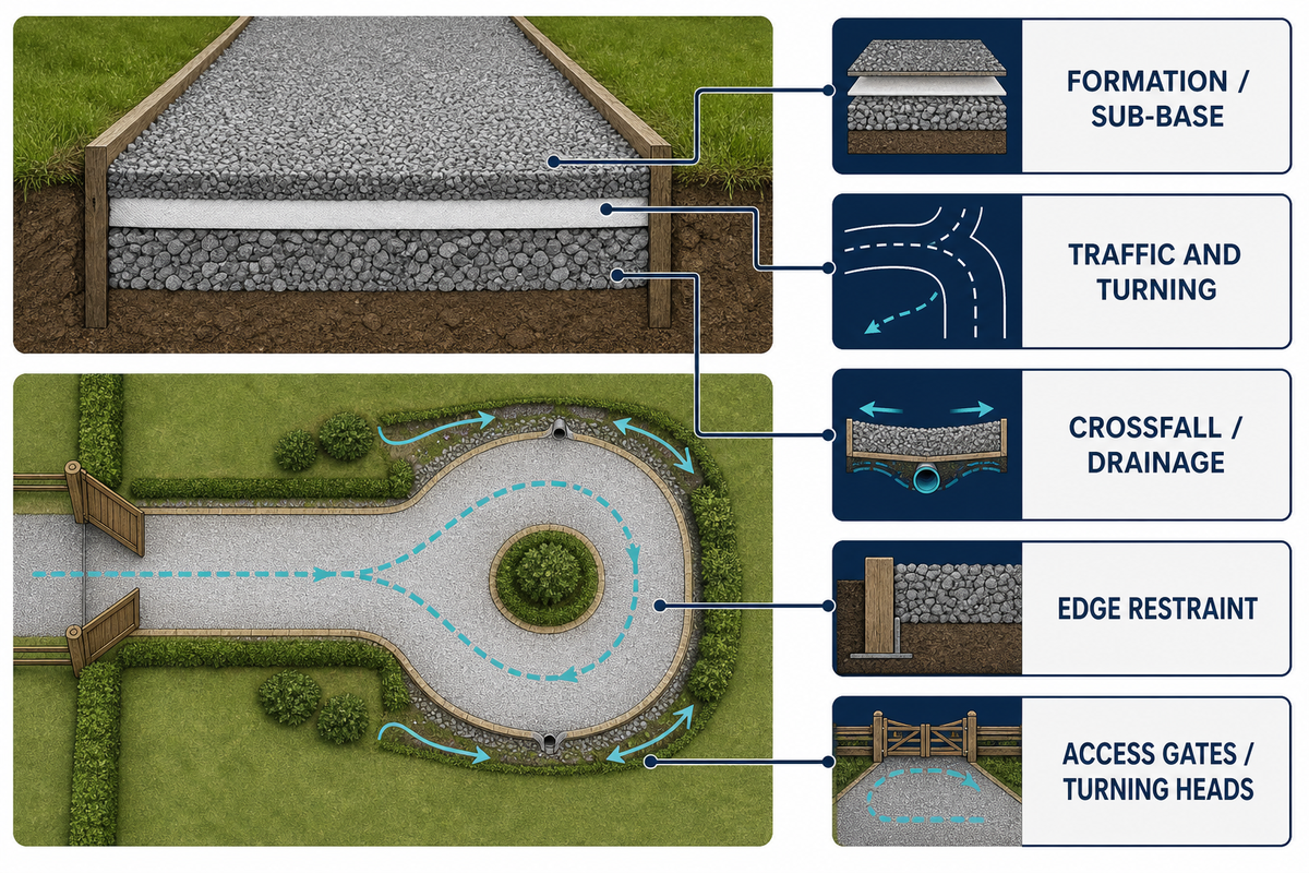 Gravel driveways and access lanes