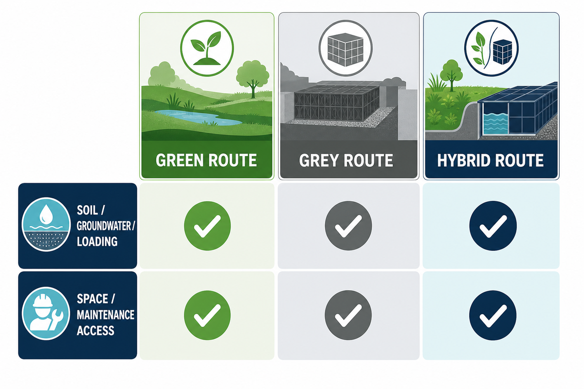 Compare green, grey, and hybrid stormwater routes — Aqua Rain Water