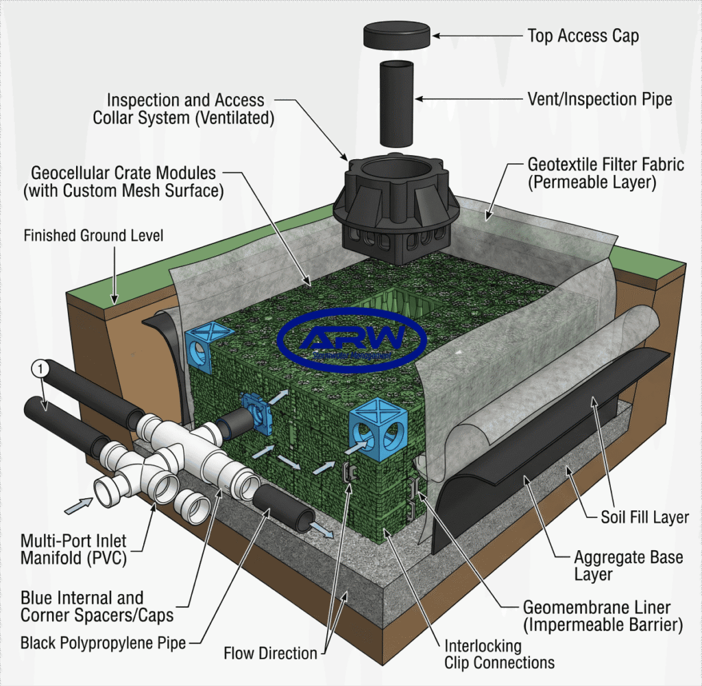 ARW geocellular crate module technical cross-section diagram showing geotextile filter fabric, geomembrane liner, PVC inlet manifold, inspection collar and interlocking clip connections
