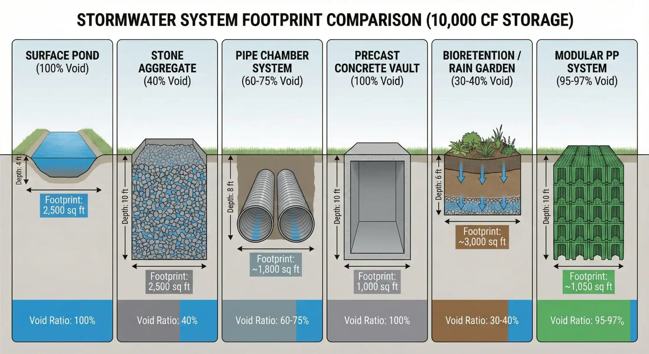 Infografía titulada “COMPARACIÓN DEL ÁREA OCUPADA POR SISTEMAS PARA AGUAS PLUVIALES (ALMACENAMIENTO DE 10,000 CF)” que muestra cortes transversales de seis sistemas diferentes para aguas pluviales, uno junto al otro. Compara la profundidad requerida, el área en planta en pies cuadrados y el porcentaje de vacíos de un sistema superficial de retención de aguas pluviales, un sistema de agregado pétreo, un sistema de cámaras de tubería, una bóveda de concreto prefabricado, un sistema de bioretención o jardín de lluvia y un sistema modular de polipropileno para almacenar 10,000 pies cúbicos de agua.