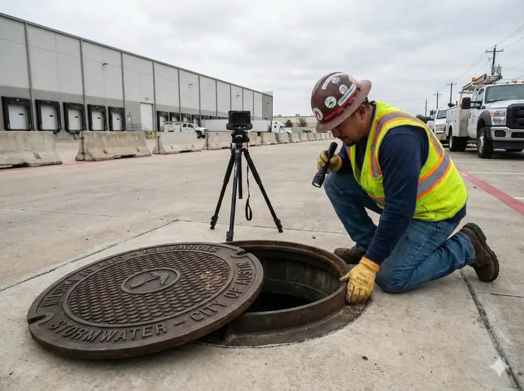 Regard d’accès pour l’inspection et le nettoyage par camion hydrocureur d’un système souterrain de stockage temporaire des eaux pluviales