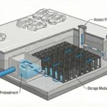 Underground stormwater detention system cutaway showing modular geocellular modules beneath commercial parking lot with inspection access ports