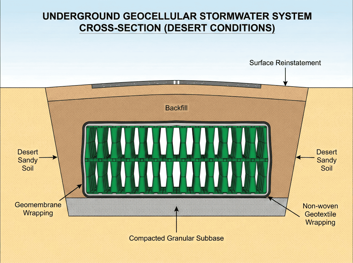 Diagrama de corte transversal técnico que muestra las capas de un sistema geocelular para aguas pluviales instalado en un clima árido, incluidos el relleno compactado, el geotextil, los módulos y la cobertura