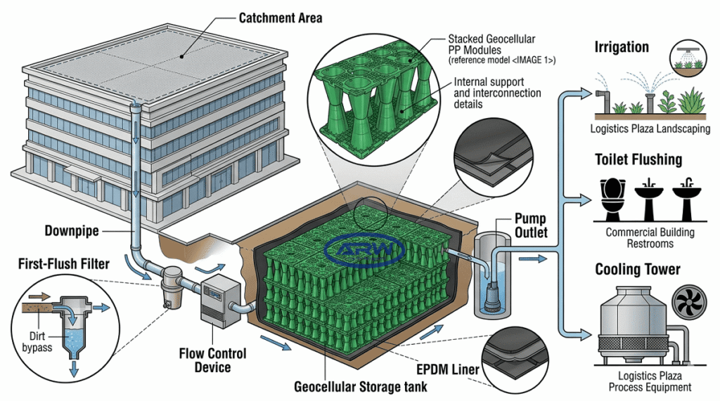 UAE rainwater harvesting system diagram: catchment to filter to geocellular underground tank to reuse cycle