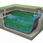Schéma en coupe d’un bassin de rétention enterré avec modules SAUL, flèches d’écoulement et régulateur de débit