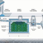 Diagram showing how an attenuation tank collects stores and releases stormwater through a flow control device