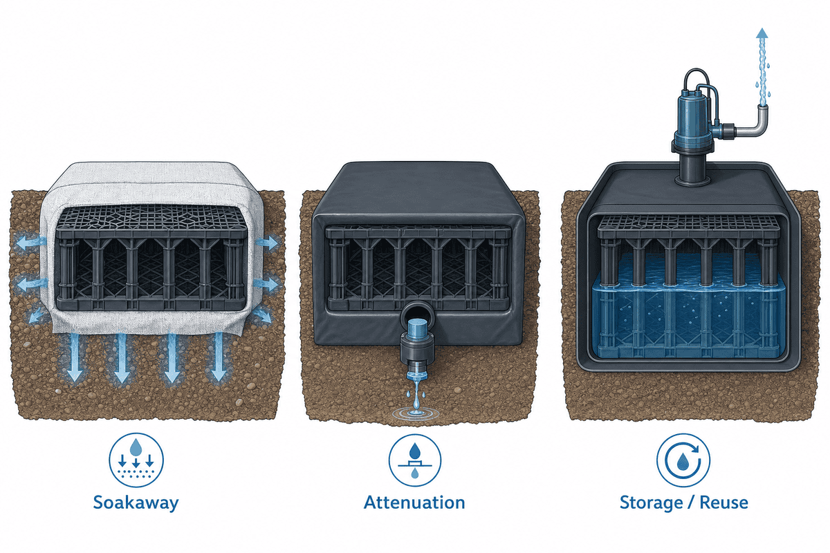 Soakaway vs Attenuation vs Storage: The Membrane-Wrap Rule