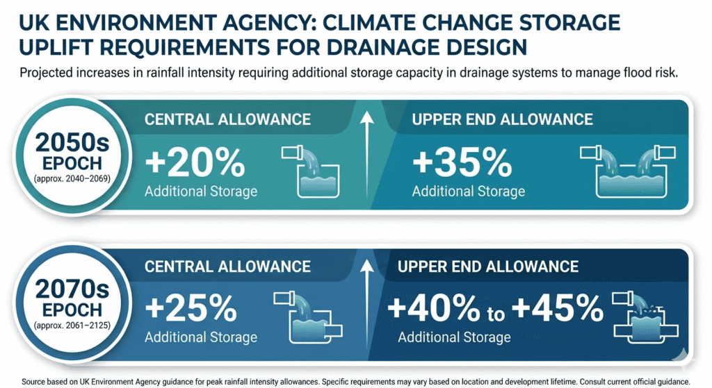 Márgenes de almacenamiento por cambio climático de la Environment Agency del Reino Unido para el diseño de tanques de atenuación, con aumentos para las décadas de 2050 y 2070