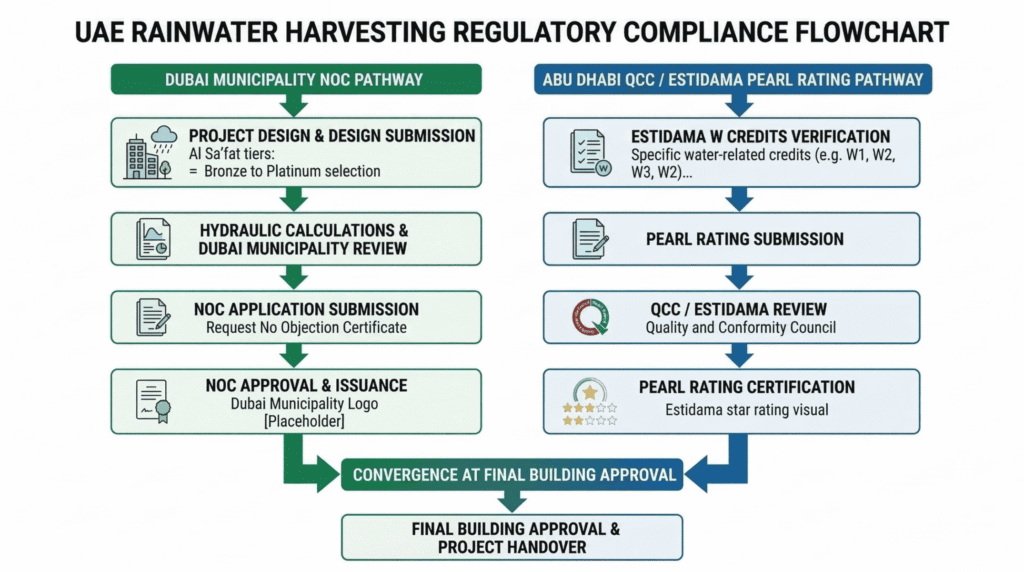 Dubai Municipality and Estidama Al Sa'fat green building regulatory approval flowchart for rainwater harvesting systems UAE