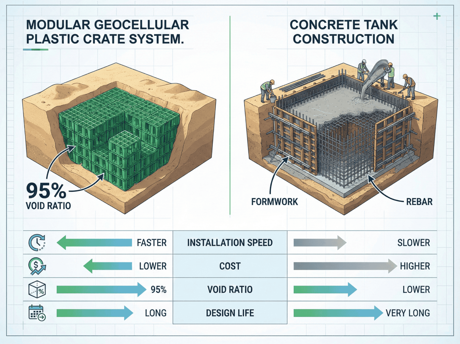 Comparación directa entre un sistema modular geocelular para aguas pluviales y un tanque de concreto colado en sitio: porcentaje de vacíos, rapidez de instalación y diferencias de costo