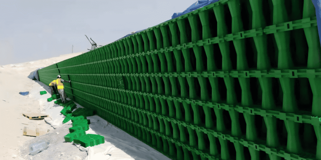 Multi-layer stacked geocellular detention tank modules at Jeddah Saudi Arabia construction site with worker positioning green polypropylene crates and blue geomembrane visible
