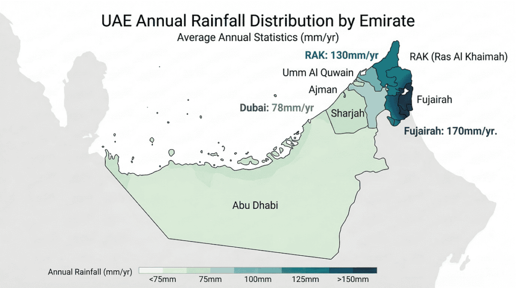 UAE rainfall map by emirate showing annual precipitation from 78mm Dubai to 170mm Fujairah