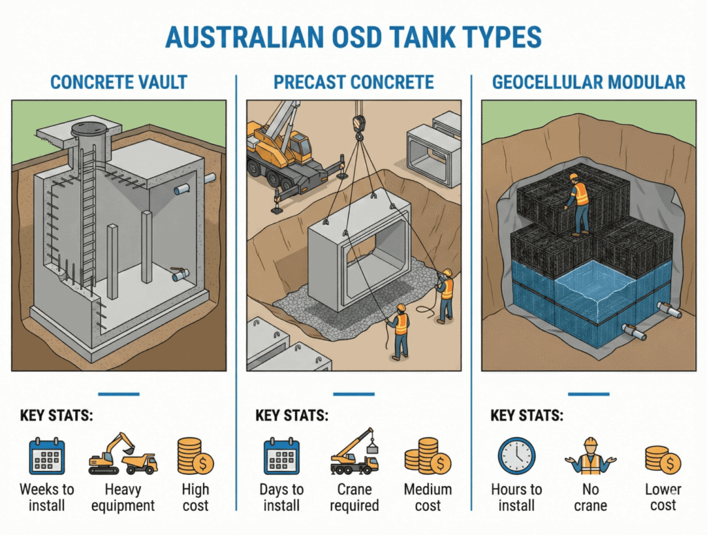 Comparison of three OSD tank types showing concrete vault geocellular and precast options