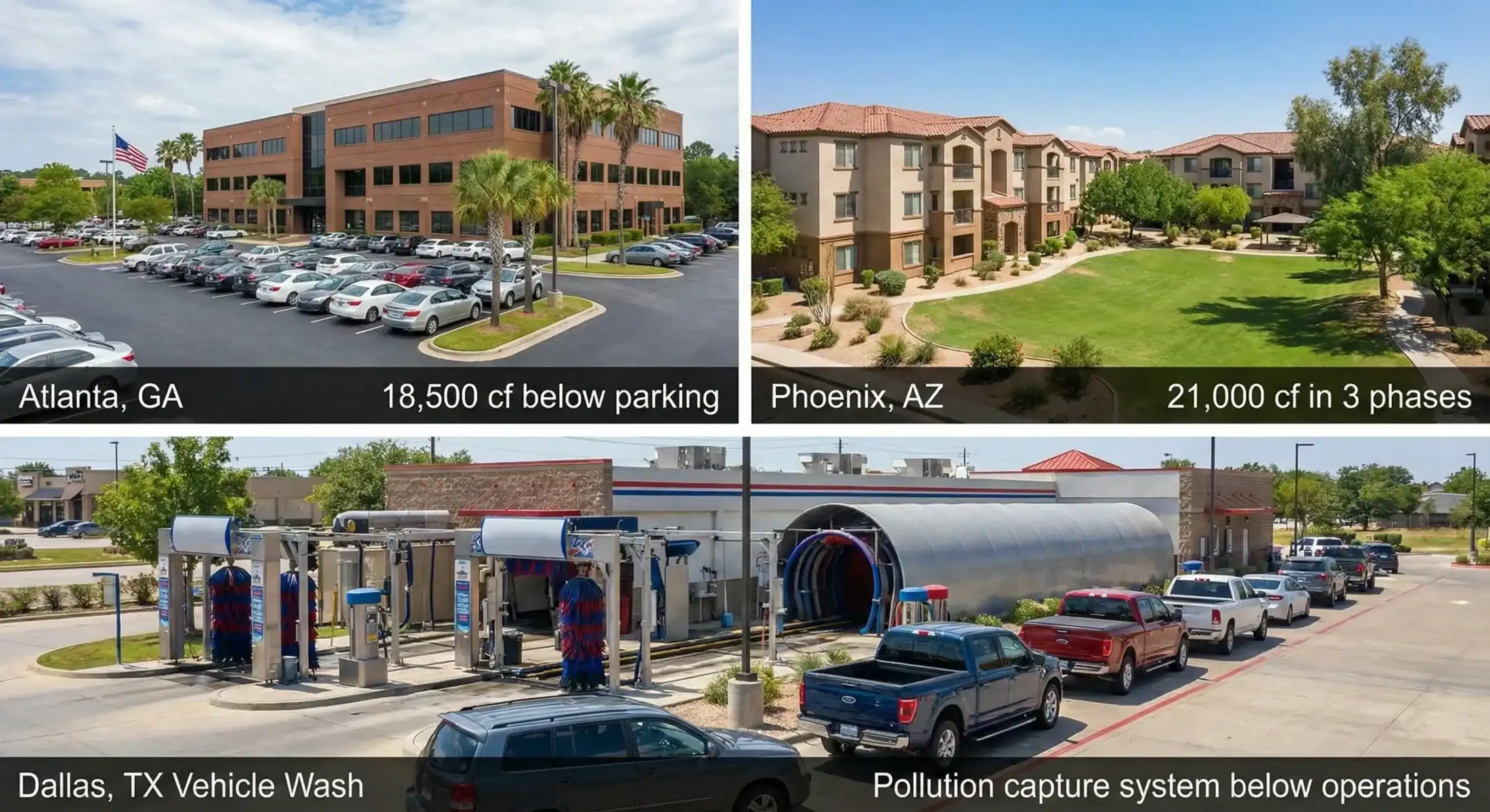 hree ejemplos reales de proyectos de gestión subterránea de aguas pluviales: una oficina comercial en Atlanta con 18,500 cf de detención debajo del estacionamiento, apartamentos en Phoenix con una instalación por etapas de 21,000 cf y un centro de lavado de vehículos en Dallas con un sistema de captación de contaminantes debajo del área operativa