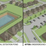Before-after aerial comparison showing surface detention pond versus underground modular system at Murrieta California, demonstrating doubled usable surface area