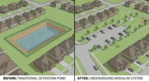 Comparación aérea del antes y después: sistema de retención de aguas pluviales en superficie frente a sistema modular subterráneo en Murrieta, California, que muestra el doble de área aprovechable