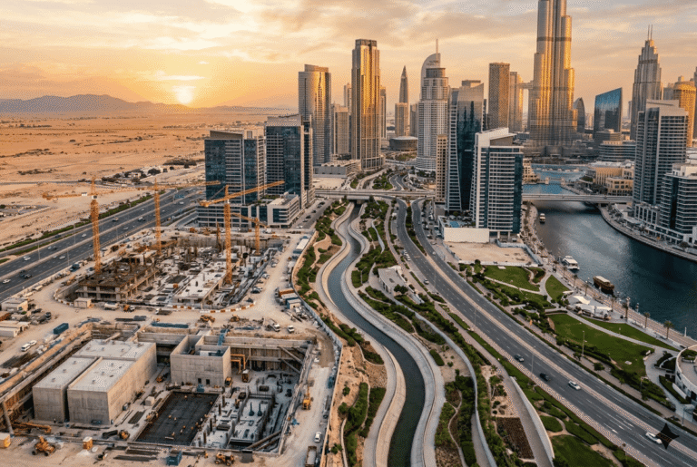 Stormwater management infrastructure across GCC Middle East cities including Dubai and Riyadh skylines