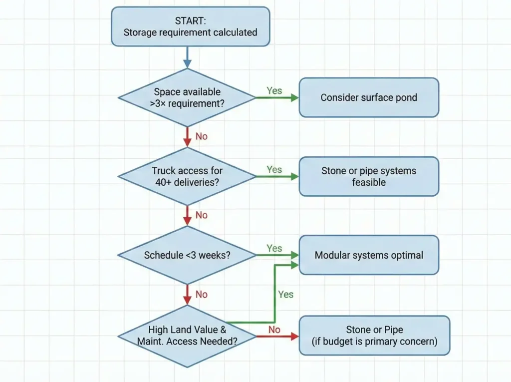 Diagrama de flujo para seleccionar un sistema de aguas pluviales según las limitaciones del proyecto. Muestra que los sistemas modulares son la opción óptima cuando el espacio es limitado, el acceso de camiones está restringido (<40 entregas) o los plazos de instalación son ajustados (<3 semanas).