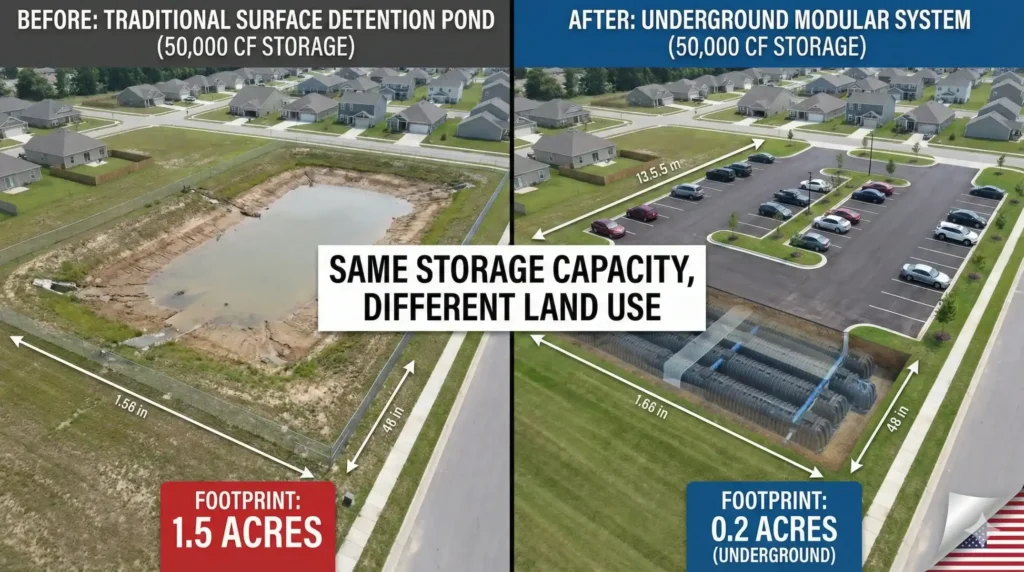 Comparaison de l’emprise au sol d’un bassin de rétention en surface et d’un système modulaire souterrain de gestion des eaux pluviales