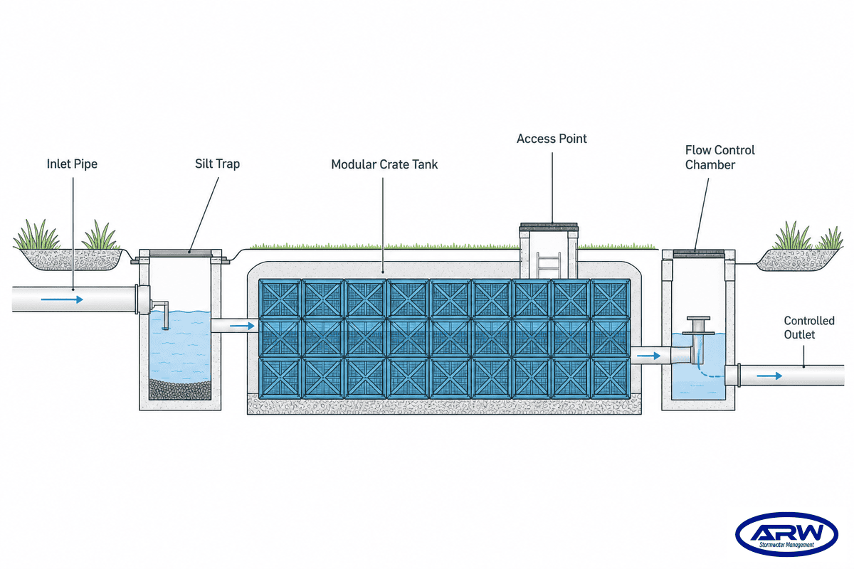 Pipe, Flow Control and Access: How the Crate Array Connects to a SuDS Strategy - AQUA RainWater