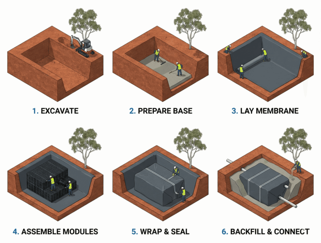 Six step installation process for geocellular OSD tank in Australia
