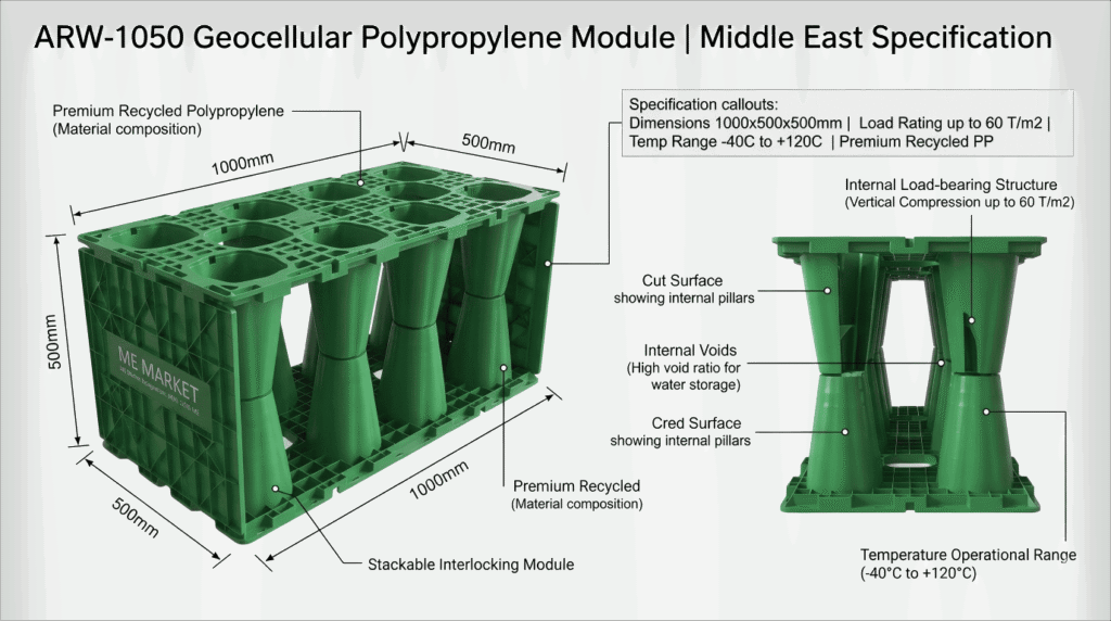 ARW-1050 geocellular module spec callouts: 1000x500x500mm dimensions, 60 T/m2 load rating, UAE Middle East market

