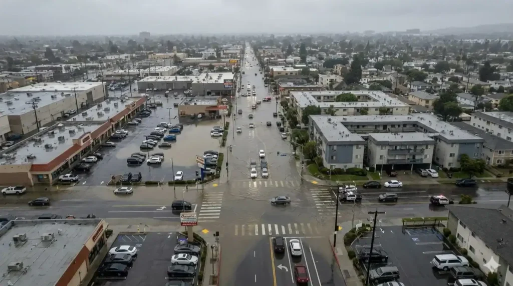 Inondations urbaines à Los Angeles pendant une tempête liée à un fleuve atmosphérique en 2025, avec des avaloirs débordés