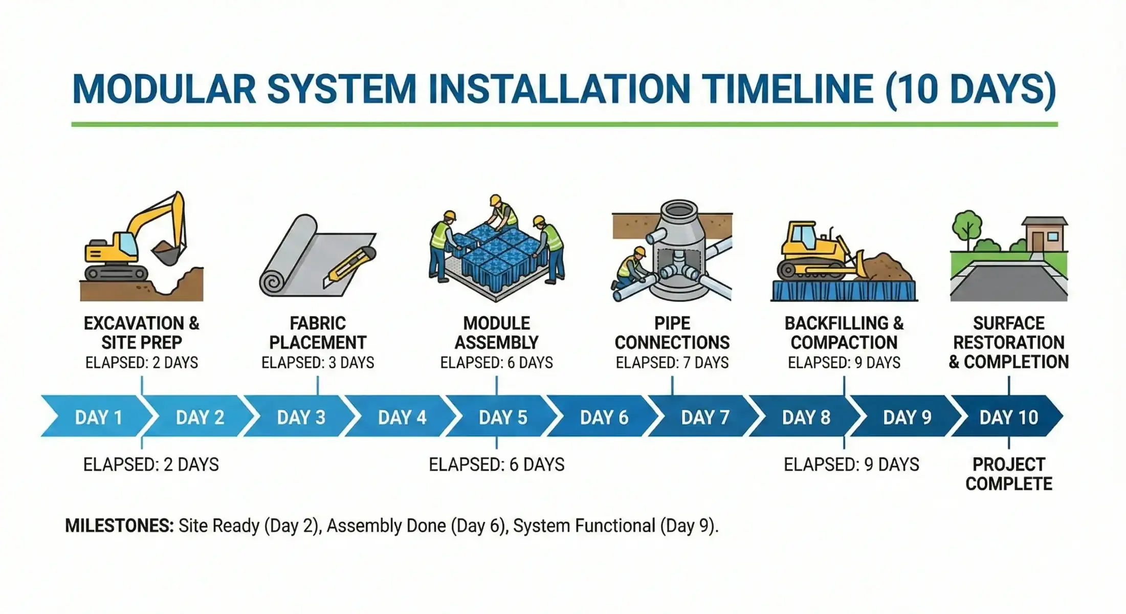 Infografía de un plazo de instalación rápida de 10 días para un sistema modular de aguas pluviales. Detalla la secuencia de construcción, desde la excavación (Día 1-2) y el ensamblaje de los módulos (Día 4-6) hasta las conexiones de tuberías y la restauración final de la superficie (Día 10).