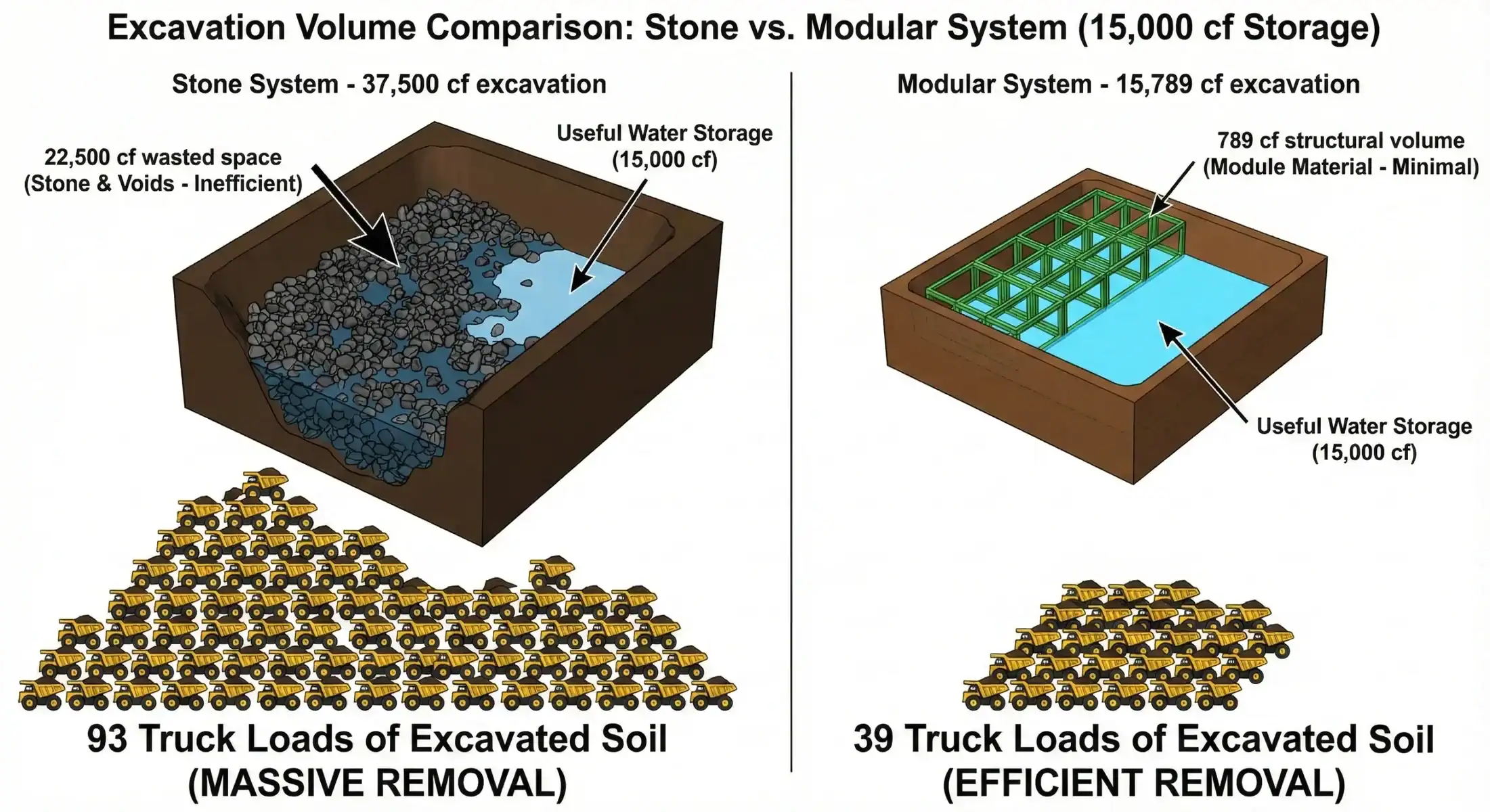 Comparación en 3D del volumen de excavación para almacenar 15,000 cf de aguas pluviales: el sistema de agregado pétreo requiere una extracción considerable de tierra, equivalente a 93 cargas de camión de volteo (excavación de 37,500 cf), mientras que el sistema modular de polipropileno permite una excavación eficiente, de solo 39 cargas (excavación de 15,789 cf).