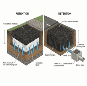 Diagram comparing retention and detention stormwater systems