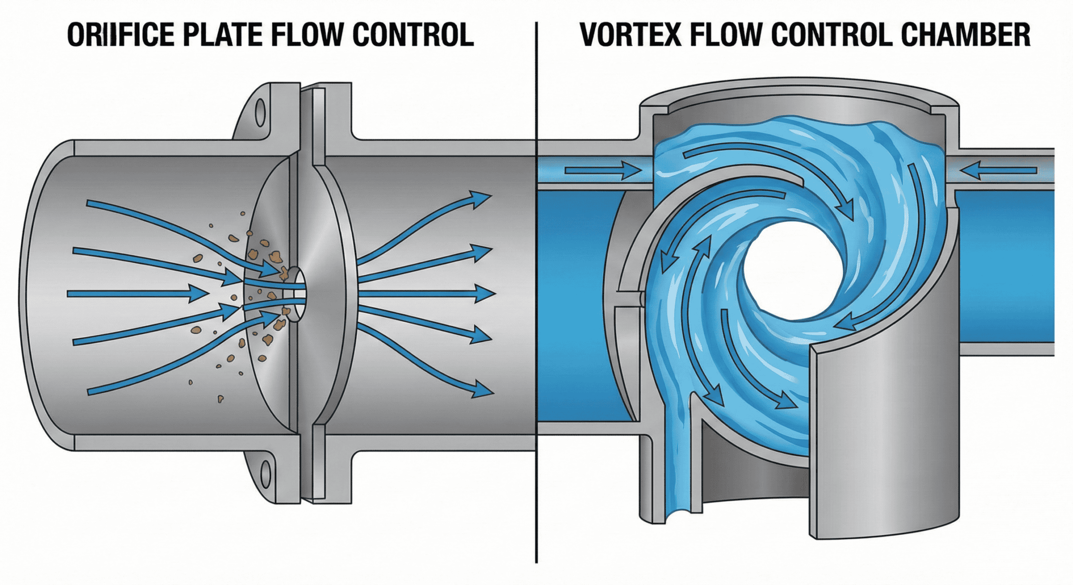 Comparación entre una placa de orificio y una cámara de control de flujo por vórtice