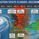 December 2025 Washington flood timeline showing how atmospheric rivers overwhelmed stormwater detention systems leading to levee breaches at Tukwila and Pacific