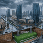 Vue aérienne d’un quartier des Émirats arabes unis avec schéma d’un système enterré de récupération des eaux pluviales