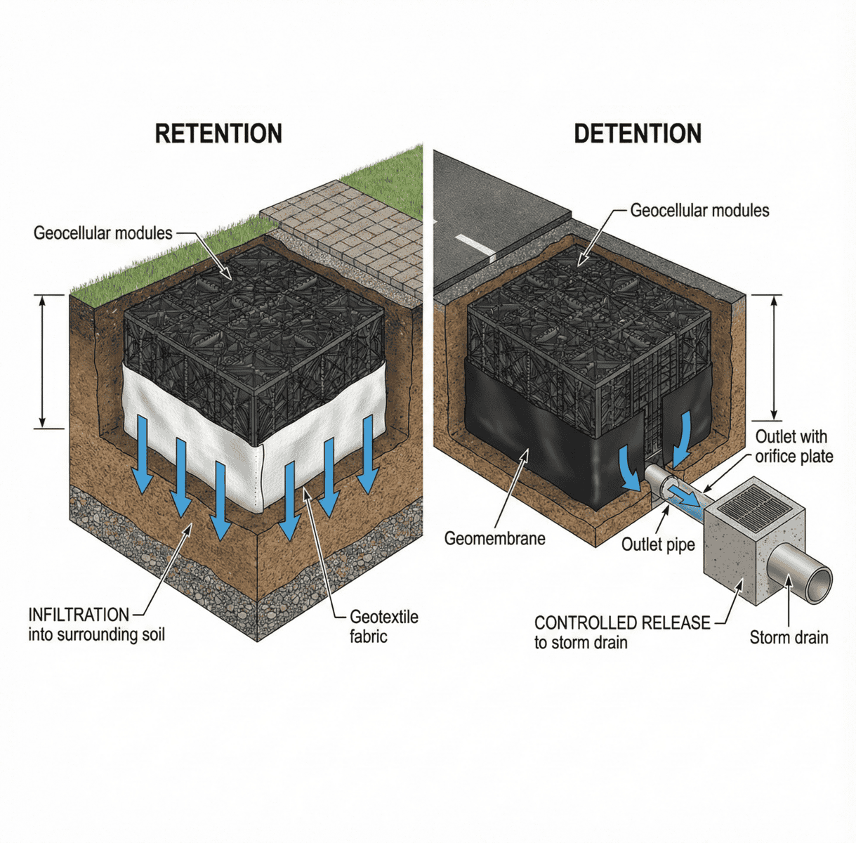 Underground detention system cross-section showing geocellular modules with outlet control structure