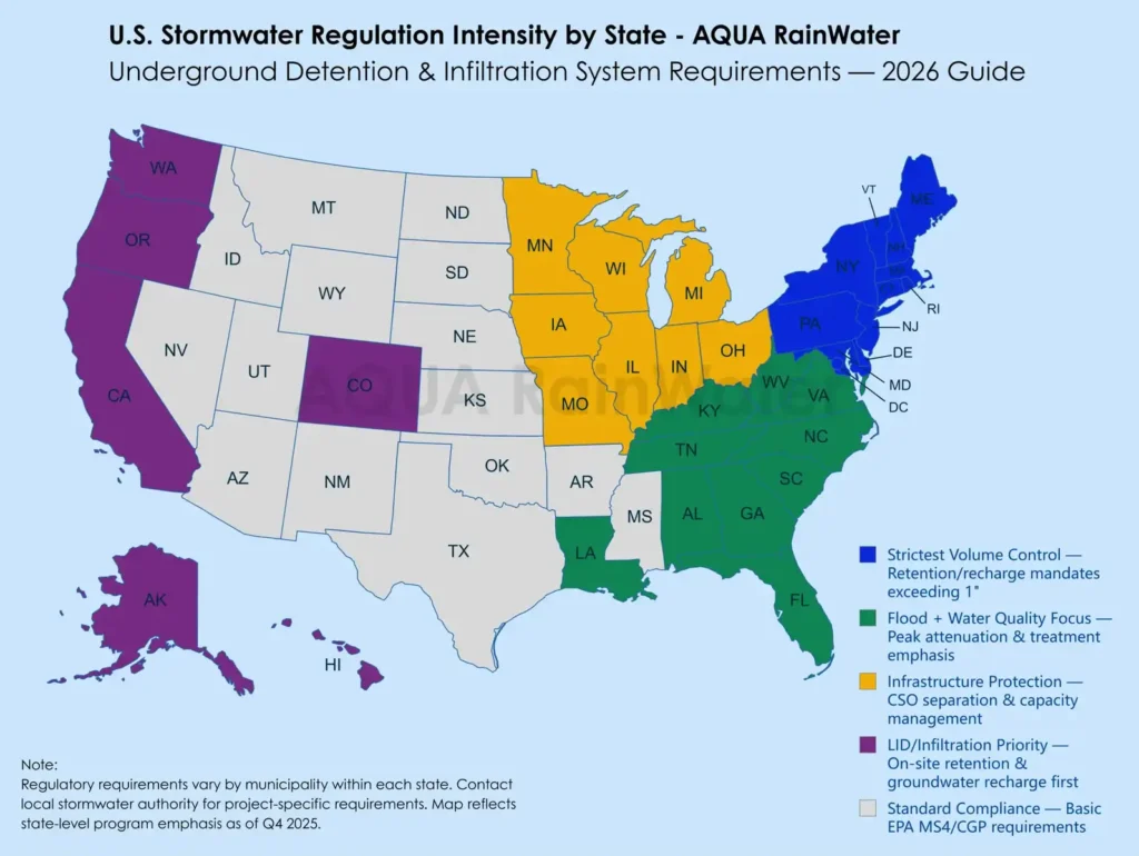 Carte des réglementations américaines sur les eaux pluviales, indiquant les exigences prioritaires d’infiltration LID par État en Californie
