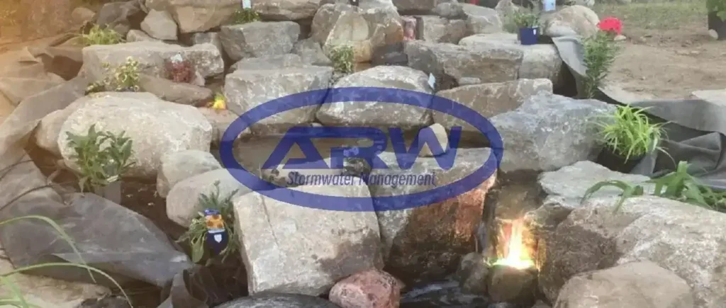 Patio residencial después de la instalación: nuevo elemento acuático de rocas y plantas recién colocadas frente a la casa.