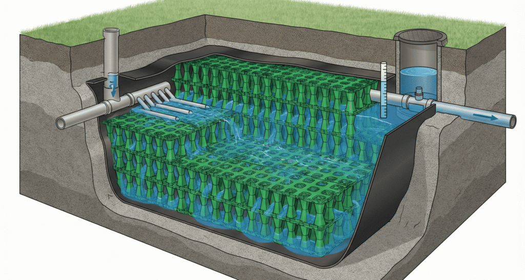Diagrama en corte que muestra cómo funciona bajo tierra un tanque de atenuación, con módulos geocelulares, flechas del flujo de agua y un dispositivo de control de flujo