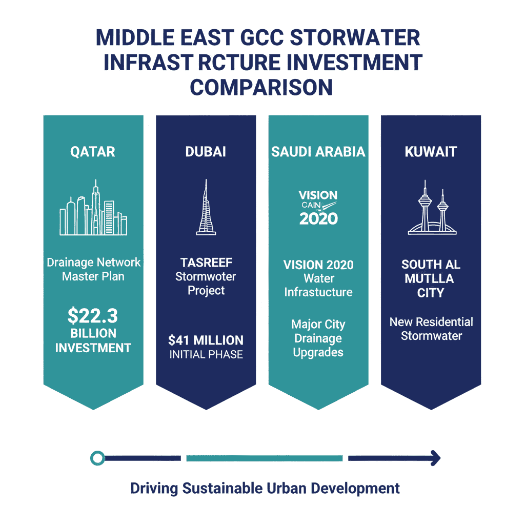 Infografía que compara las inversiones en infraestructura para aguas pluviales en países del CCG, incluidos los 22.3 mil millones de USD de Qatar, los 41 millones de USD de Dubái y los programas Visión 2030 de Arabia Saudita