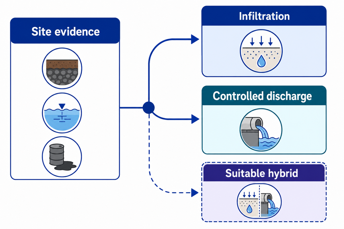 Site evidence determines infiltration, controlled discharge or a suitable hybrid.