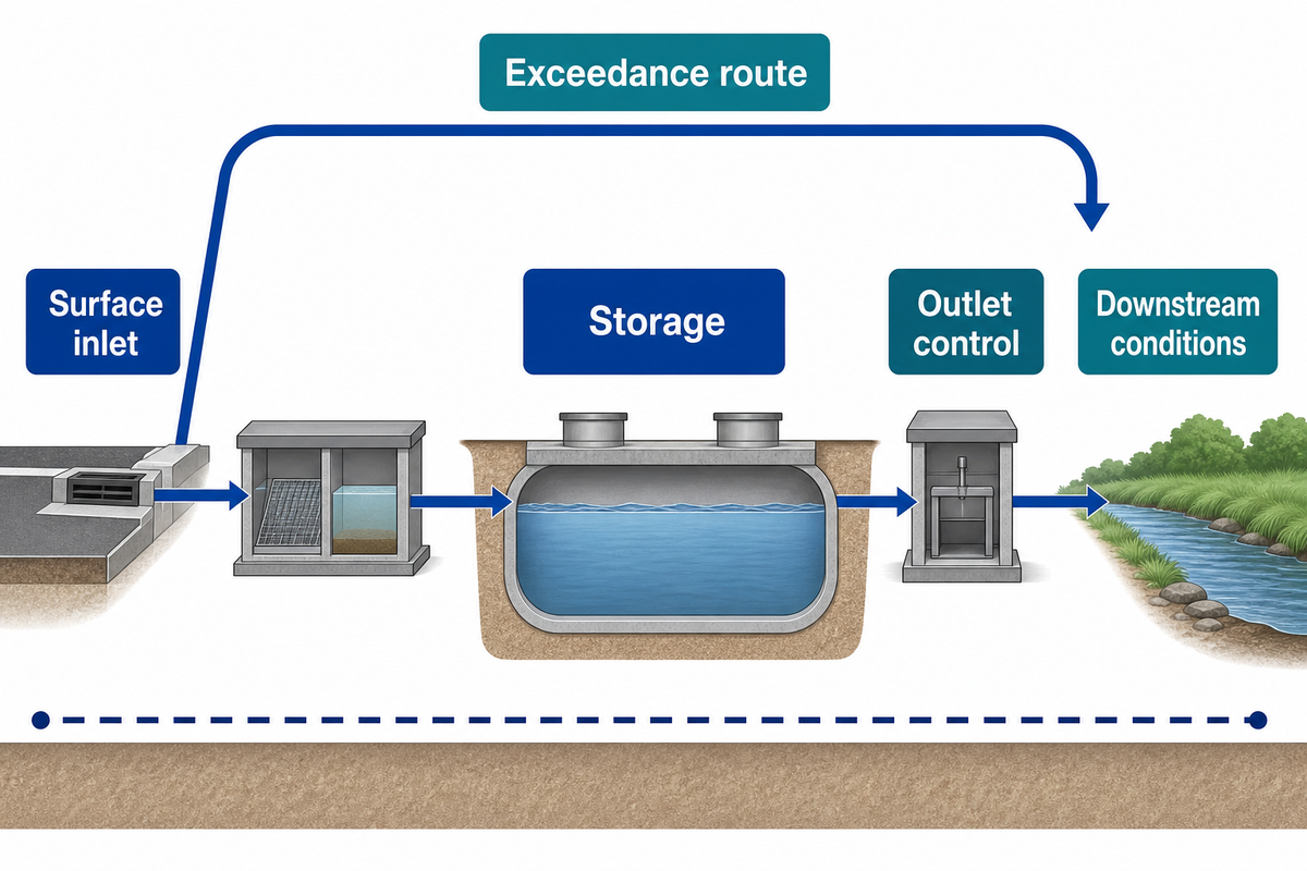 Usable storage depends on controlling levels, outlet conditions and exceedance routing.