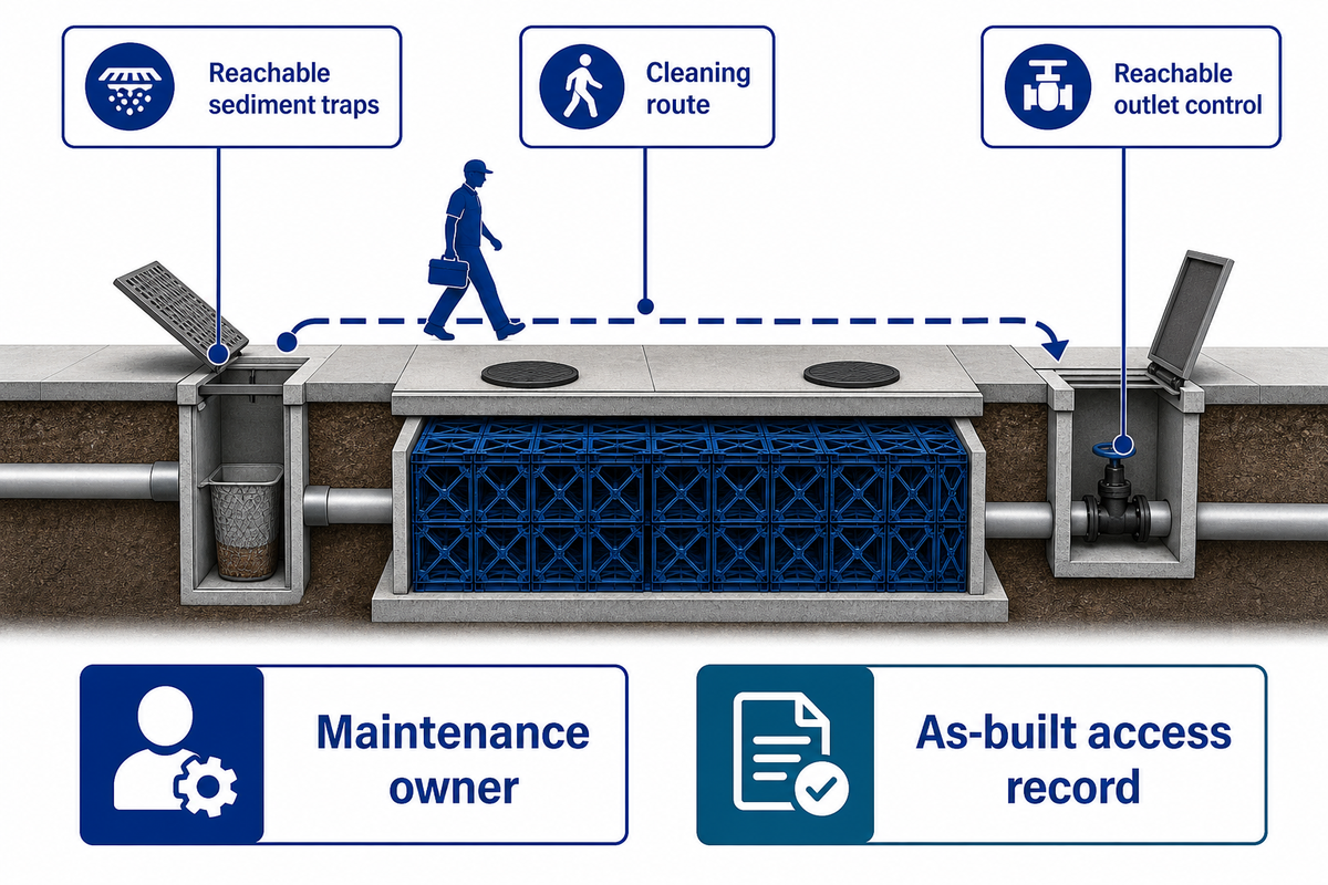 Reachable sediment traps and a cleaning route must be resolved before burial.