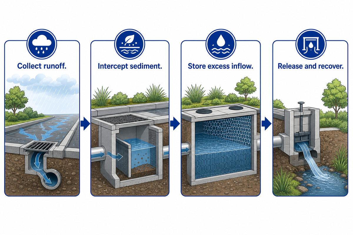 Attenuation sequence: collect runoff, intercept sediment, store excess inflow, then release through the outlet and recover capacity.