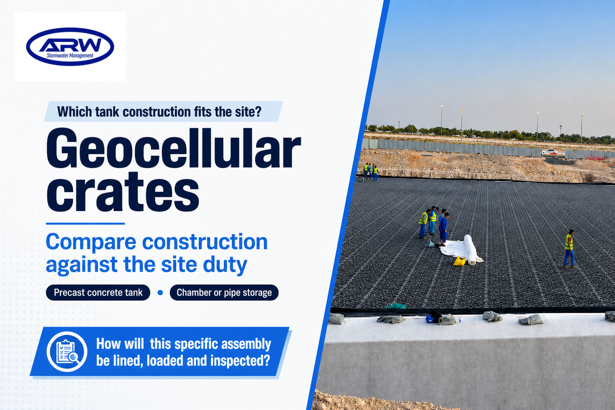 AQUA geocellular crates product image introducing a construction comparison with precast concrete and chamber or pipe storage.