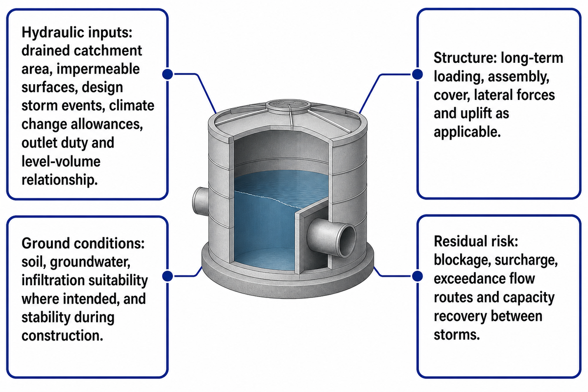 Project drainage design review: hydraulic inputs, ground conditions, structure and residual risk each require separate evidence.