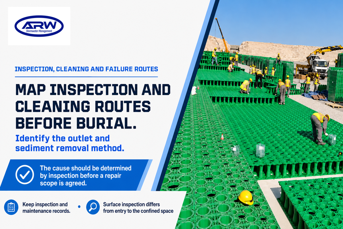 AQUA geocellular tank product image highlighting planned inspection routes, sediment removal, records and safe access before burial.