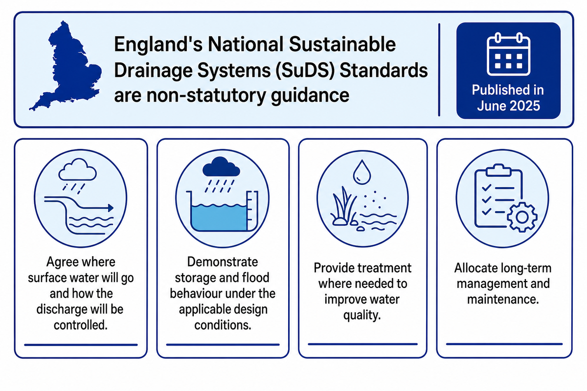 England example: non-statutory 2025 sustainable drainage guidance covers controlled discharge, storage and flood behaviour, treatment and long-term management.